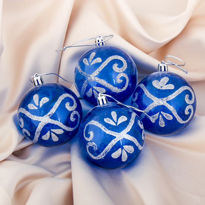 Новогодние шары "Узор" синие (набор 4 шт.)