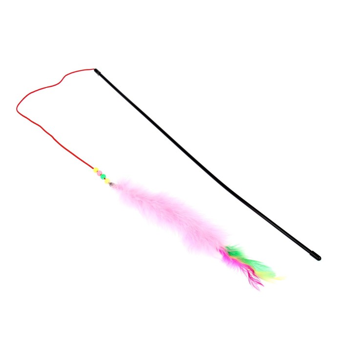 Дразнилка удочка с перьями, пуховым хвостиком и бусинами, микс цветов