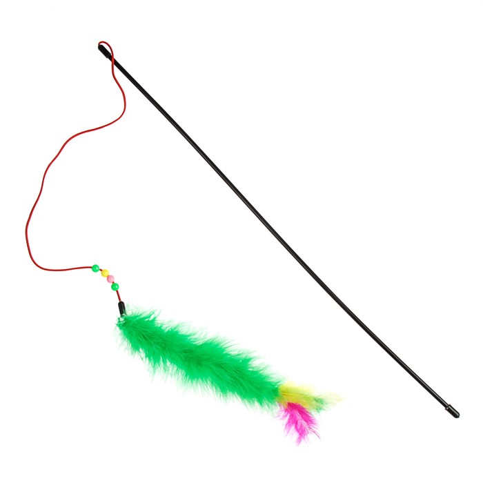 Дразнилка удочка с перьями, пуховым хвостиком и бусинами, микс цветов