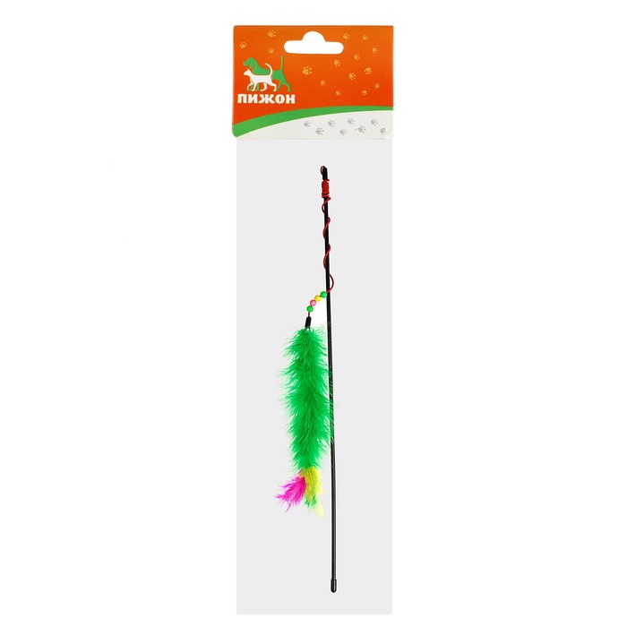 Дразнилка удочка с перьями, пуховым хвостиком и бусинами, микс цветов