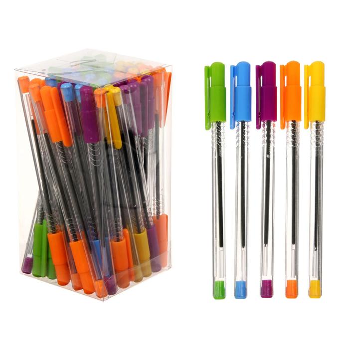 Ручка шариковая 0,7мм стержень синий корпус прозрачный с цв колп МИКС