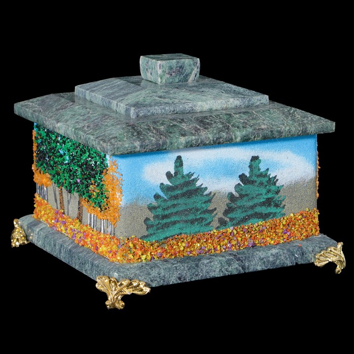Шкатулка c двойной крышкой, на ножках, "Осень", 11х11х10 см, каменная крошка, змеевик