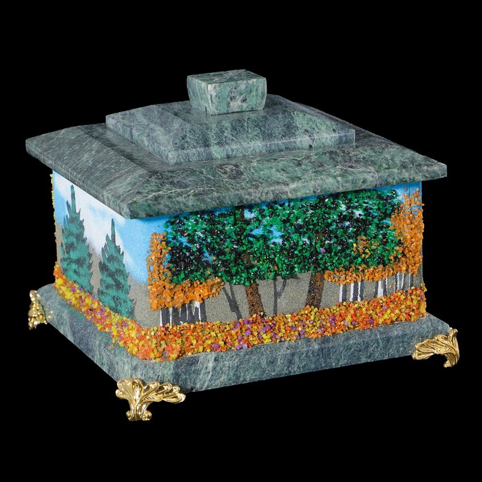 Шкатулка c двойной крышкой, на ножках, "Осень", 11х11х10 см, каменная крошка, змеевик