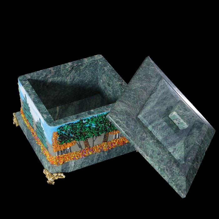 Шкатулка c двойной крышкой, на ножках, "Осень", 11х11х10 см, каменная крошка, змеевик