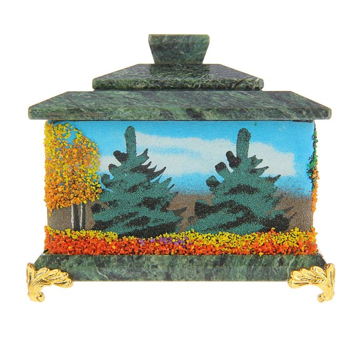 Шкатулка c двойной крышкой, на ножках, "Осень", 11х11х10 см, каменная крошка, змеевик
