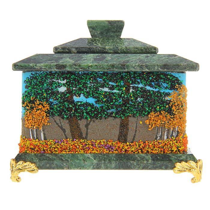 Шкатулка c двойной крышкой, на ножках, "Осень", 11х11х10 см, каменная крошка, змеевик