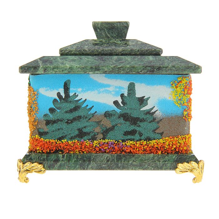 Шкатулка c двойной крышкой, на ножках, "Осень", 11х11х10 см, каменная крошка, змеевик