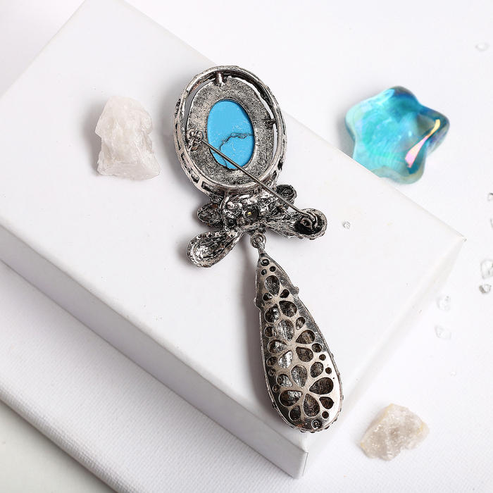 Брошь овал с бантиком "Бирюза" в чернёном серебре