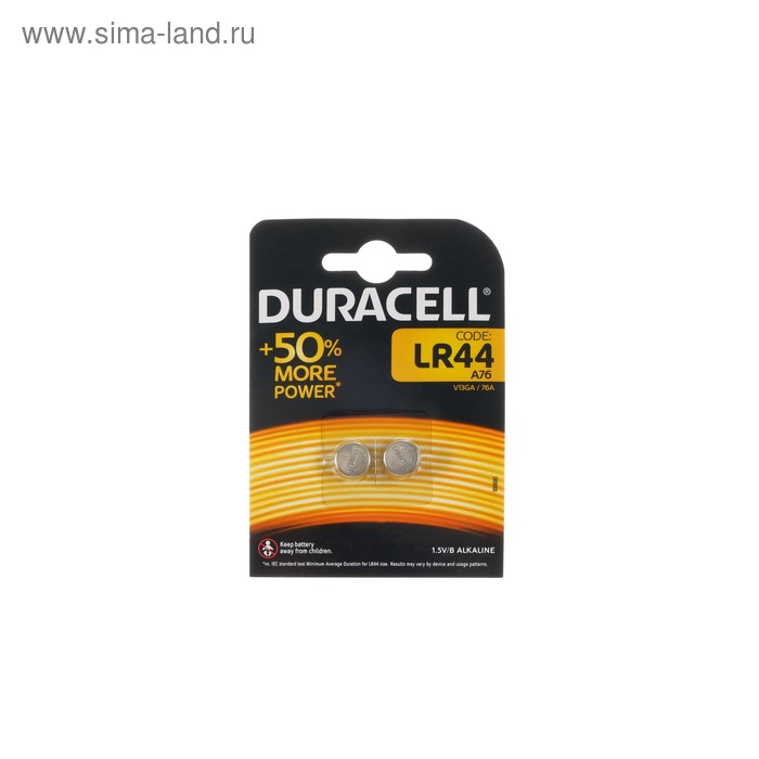 Батарейка алкалиновая Duracell, LR44 (А76, KA76, V13GA)-2BL, 1.5В, блистер, 2 шт.