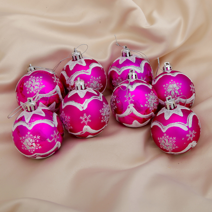 Новогодние шары "Узор из снежинок" (набор 8 шт.), малиновые