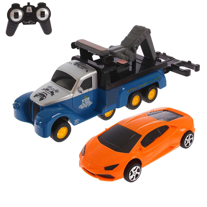 Машина радиоуправляемая "Эвакуатор + спорткар", с аккумулятором, дрифт, световые и звуковые эффекты