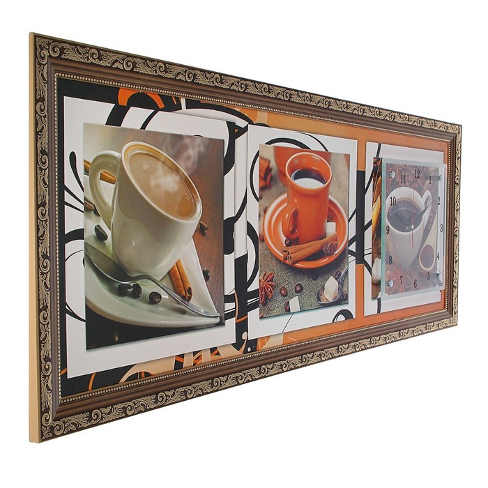 Часы-картина настенные прямоугольные "Кофейная церемония", 35х100 см микс