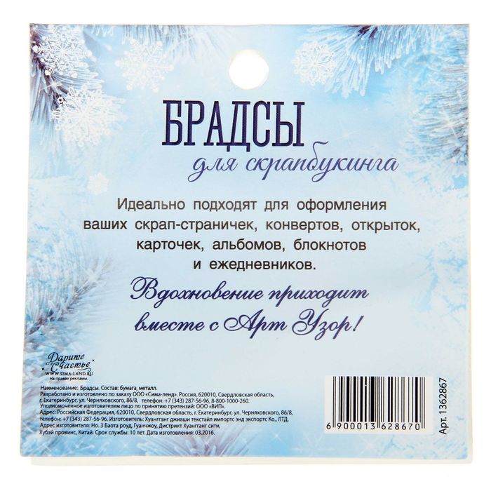 Брадсы для скрапбукинга в наборе «Сказки о зиме», 8 × 8 см