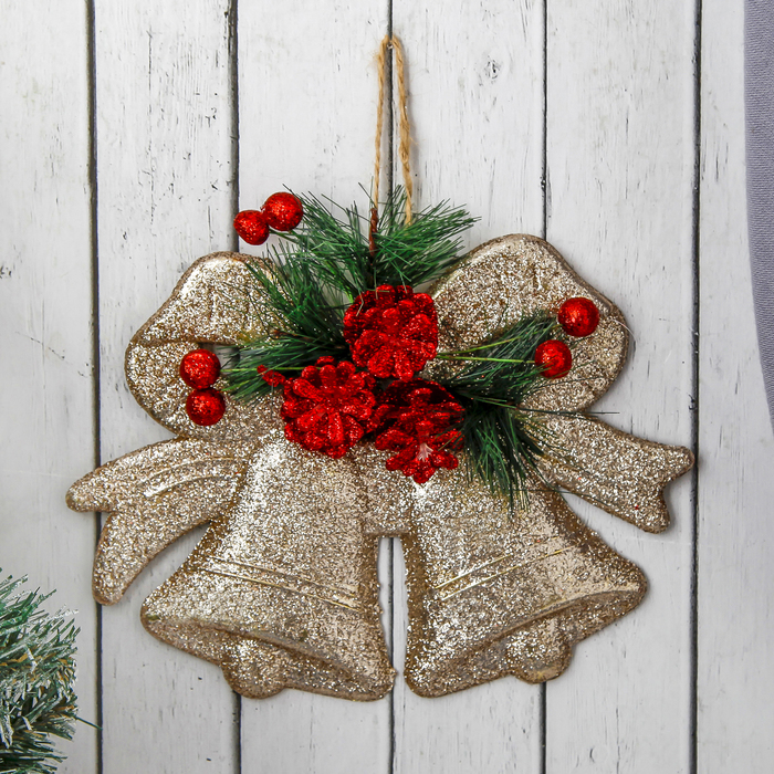 Подвеска новогодняя "Два колокольчика с бантом и шишками" 19*14 см