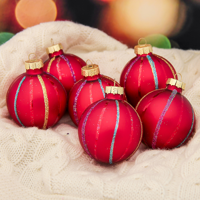 Новогодние шары "Разноцветные полоски" красные (набор 6 шт.)