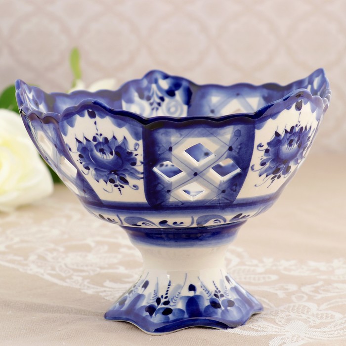 Конфетница на ножке «Осень», гжель, кобальт