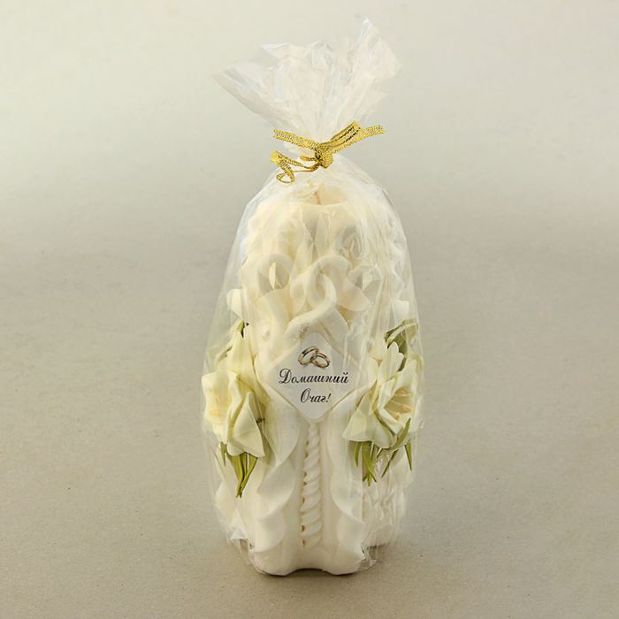 Свеча резная 15-17см с декором- цветы айвори "Домашний очаг" Белая