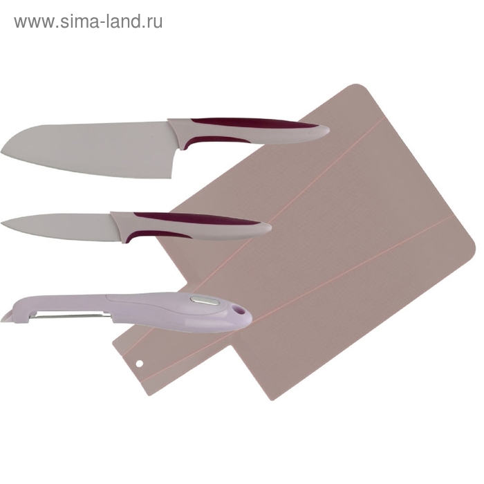 Набор ножей, CALVE, 4 предмета: восточный нож Santoku 13 см, нож для чистки 9 см, овощечистка, доска