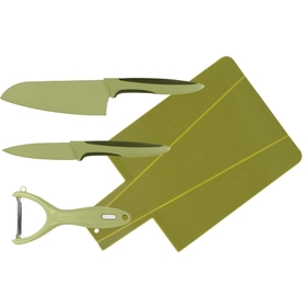 

Набор ножей, CALVE, 4 предмета: восточный нож Santoku 13 см, нож для чистки 9 см, овощечистка, доска