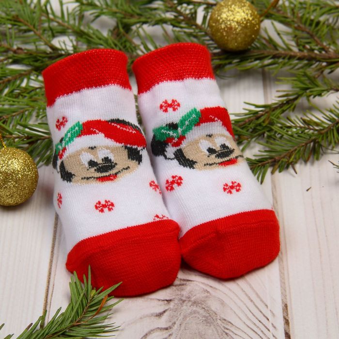 Носки детские "С новым годом", Микки Маус, Дисней беби, 6-8 см, 3-6 мес, 80% хлопок,17% полиамид, 3% эластан