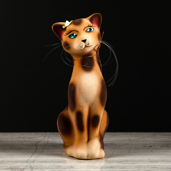 Копилка "Кошка Аннет" малая, флок, бежевый леопард