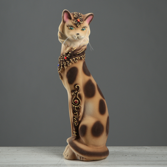 Копилка "Кошка ожерелье" флок, бежево-леопардовая