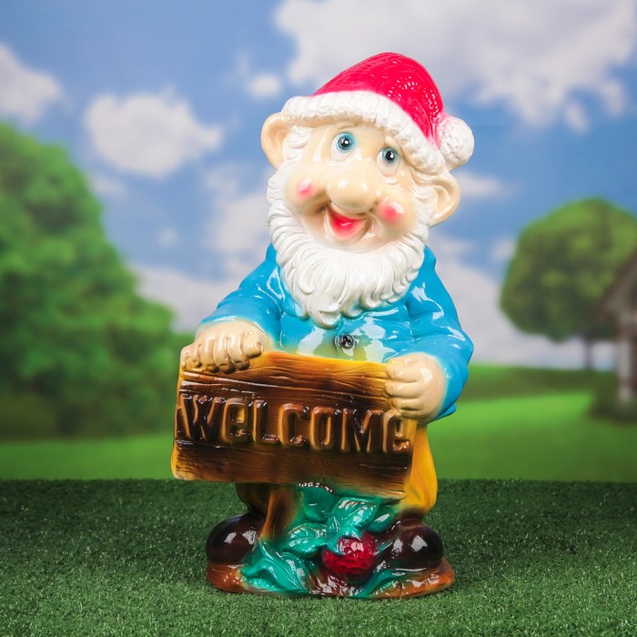 Садовая фигура "Гном Welcome" глянец, зелёно-синяя