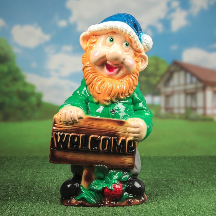 Садовая фигура "Гном Welcome" глянец, зелёно-синяя
