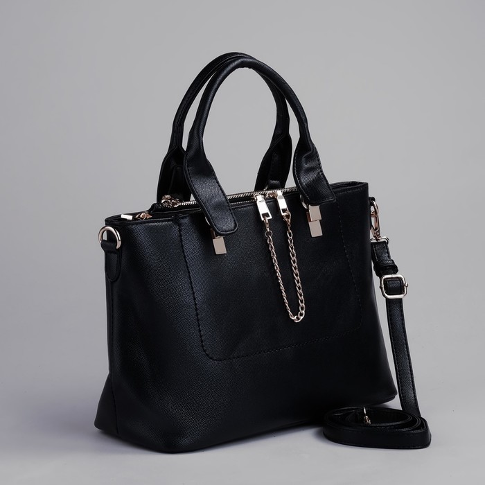 Сумка женская на молнии, 3 отдела, 1 наружный карман, длинный ремень, чёрная