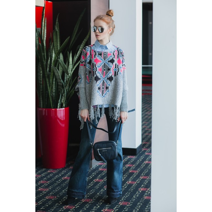 Пончо с рукавами (кардиган) 60х146 см, светлый серый, скандинавский узор, акрил 100%