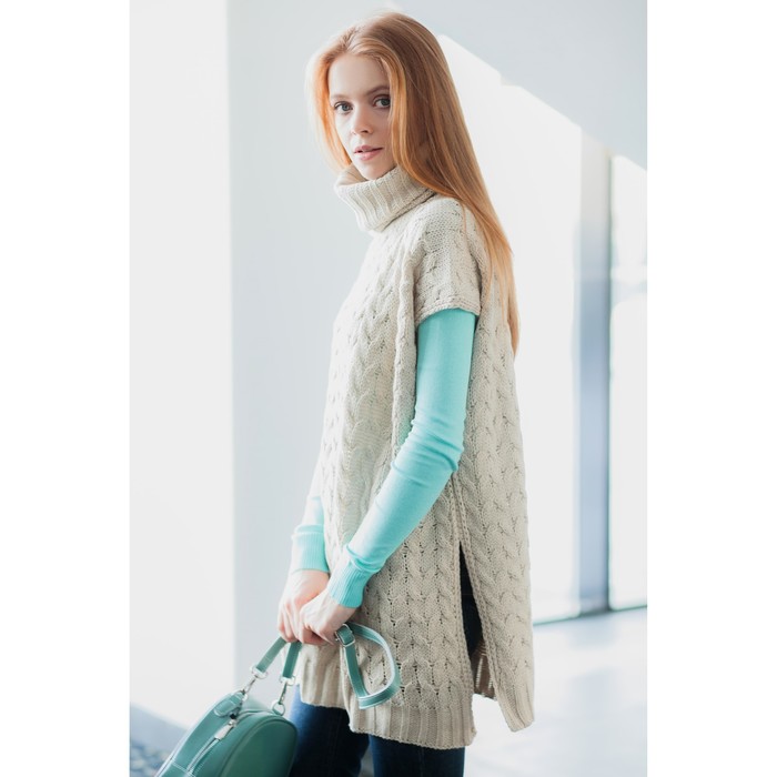 Пончо с воротом, вязка косички (кардиган) 76х140 см, светлый беж, акрил 100%