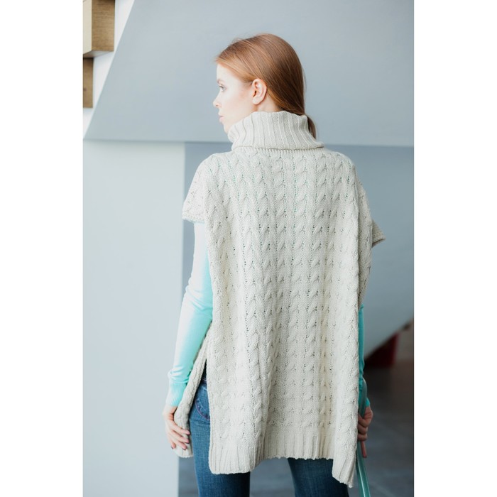 Пончо с воротом, вязка косички (кардиган) 76х140 см, светлый беж, акрил 100%