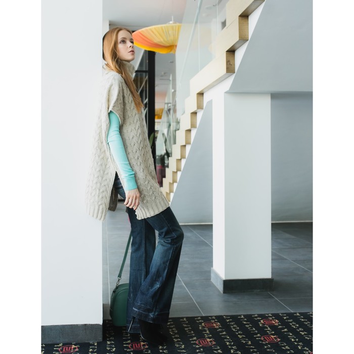 Пончо с воротом, вязка косички (кардиган) 76х140 см, светлый беж, акрил 100%