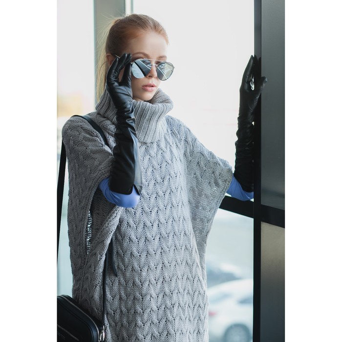 Пончо с воротом, вязка косички (кардиган) 76х140 см, серый меланж, акрил 100%