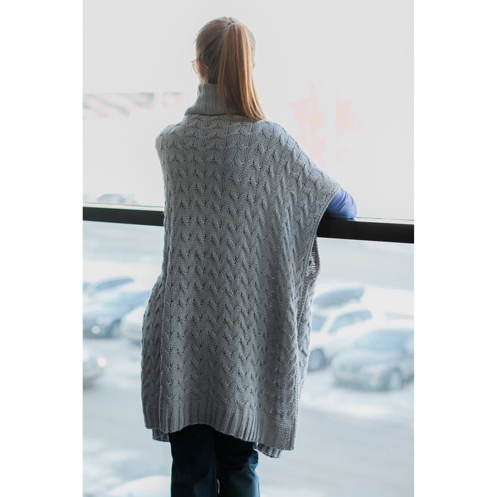 Пончо с воротом, вязка косички (кардиган) 76х140 см, серый меланж, акрил 100%