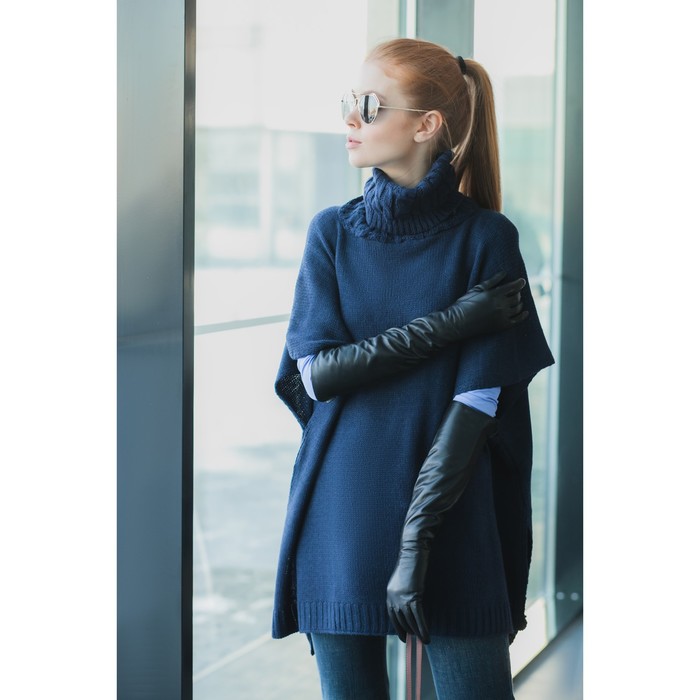 Пончо с воротом (кардиган) 76х140 см, тёмный синий, акрил 100%