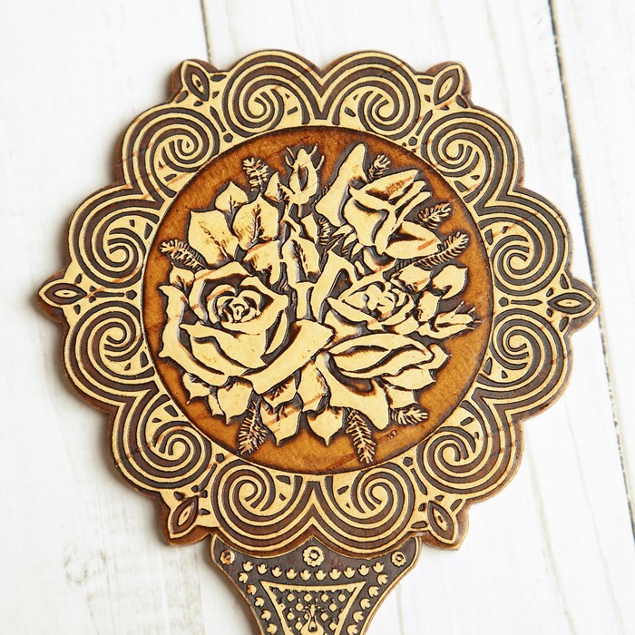 Зеркало «Цветы», с ручкой, хохлома, 9х16,5 см, береста