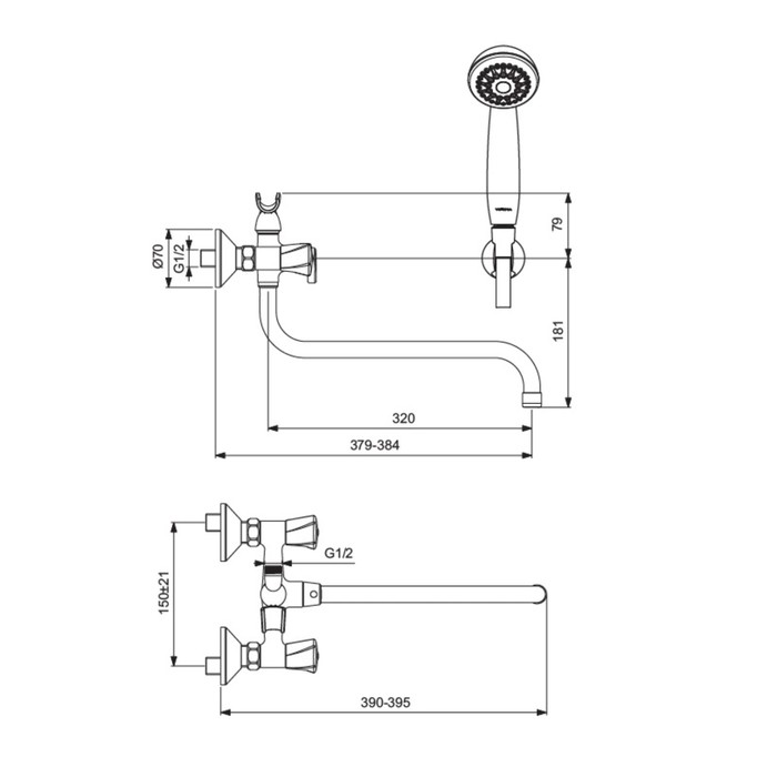 Смеситель для ванны Vidima "Видима Лайф", настенный, излив 320 мм, хром