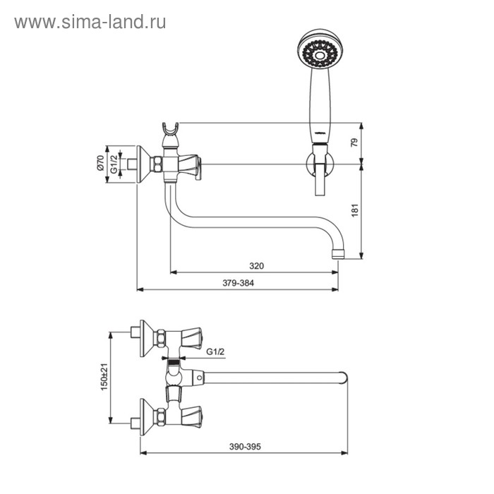 

Смеситель для ванны Vidima "Видима Лайф", двухвентильный, настенный, излив 320 мм, хром