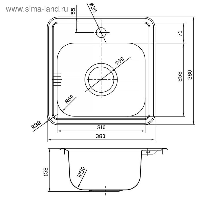 

Мойка для кухни IDDIS Strit S, STR38S0i77, 380х380 мм