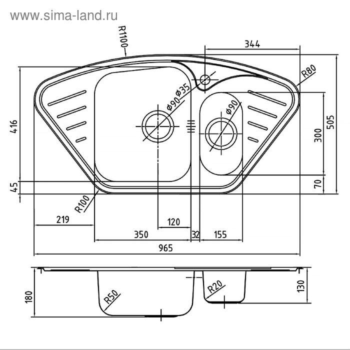 

Мойка для кухни IDDIS Strit S, STR96PCi77, полированная, угловая, 965х505 мм