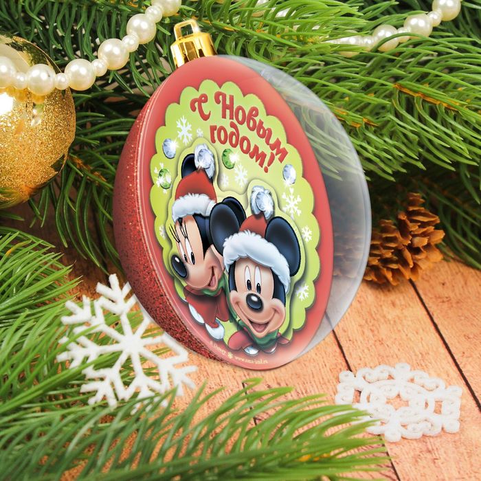 Шар новогодний "С Новым годом" Микки Маус и его друзья с 3D апплик + стразы, блест 2 гр
