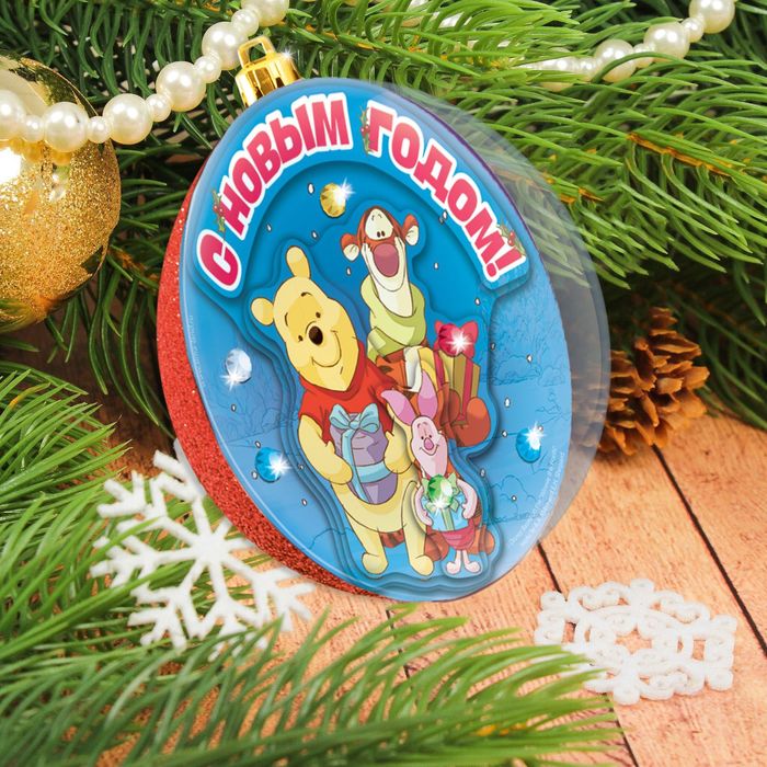 Шар новогодний "С Новым годом" Медвежонок Винни и его друзья с 3D аппли + стразы, блест 2 гр
