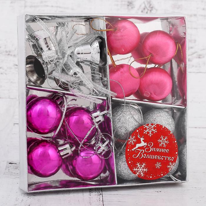 фото Набор украшений пластик 16 шт "карнавал" (12 шаров, 4 колокольчика) серебро, малиновый зимнее волшебство