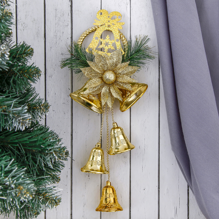 Украшение новогоднее "Колокольчики с цветком и веточками ели" 12*32 см