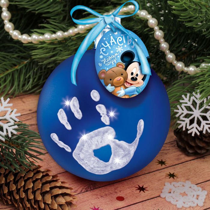 Шар новогодний "Отпечаток детской ручки" Микки Маус, синий