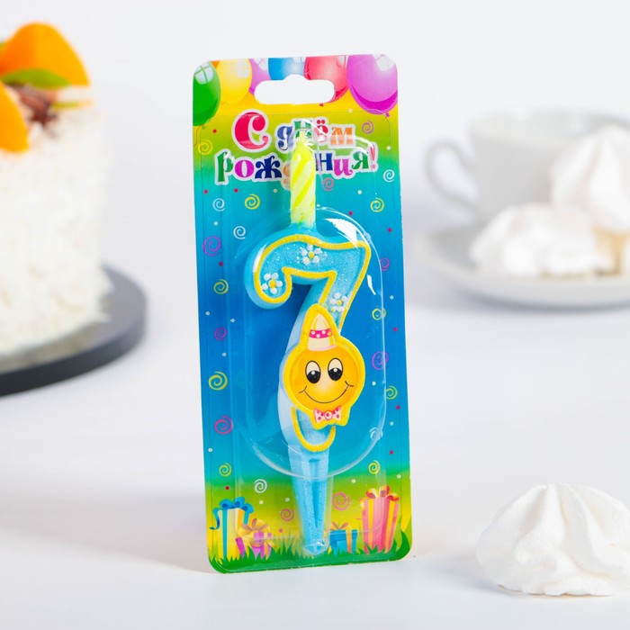 Свеча для торта цифра "Смайлик" "7" голубая