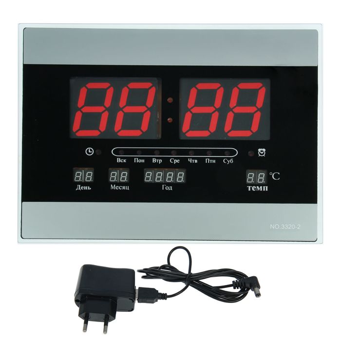 Часы настенные электронные: будильник, календарь, красные цифры, 2 полосы
