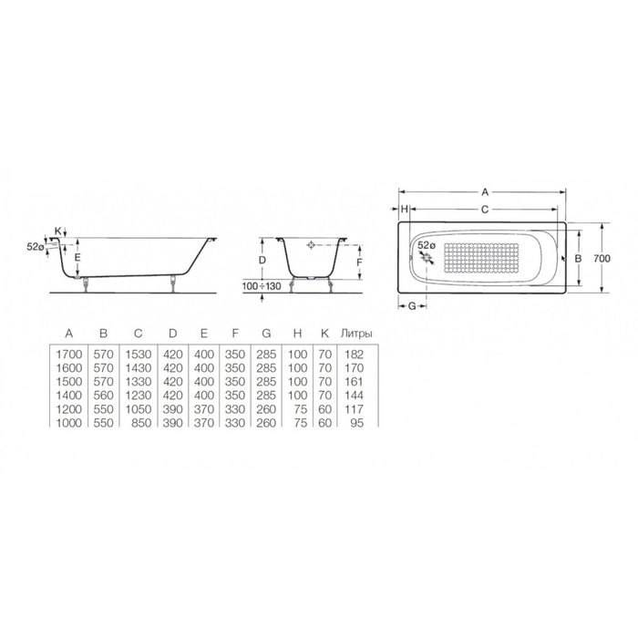 Ванна чугунная Roca Continental 21291300R, 150x70, противоскользящее покрытие