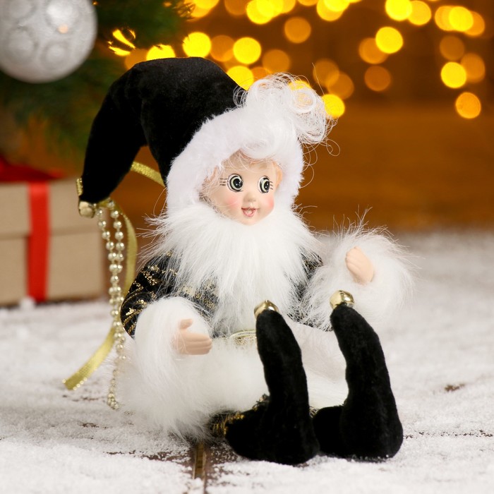 Новогоднее украшение "Шут" в чёрном камзоле с опушкой